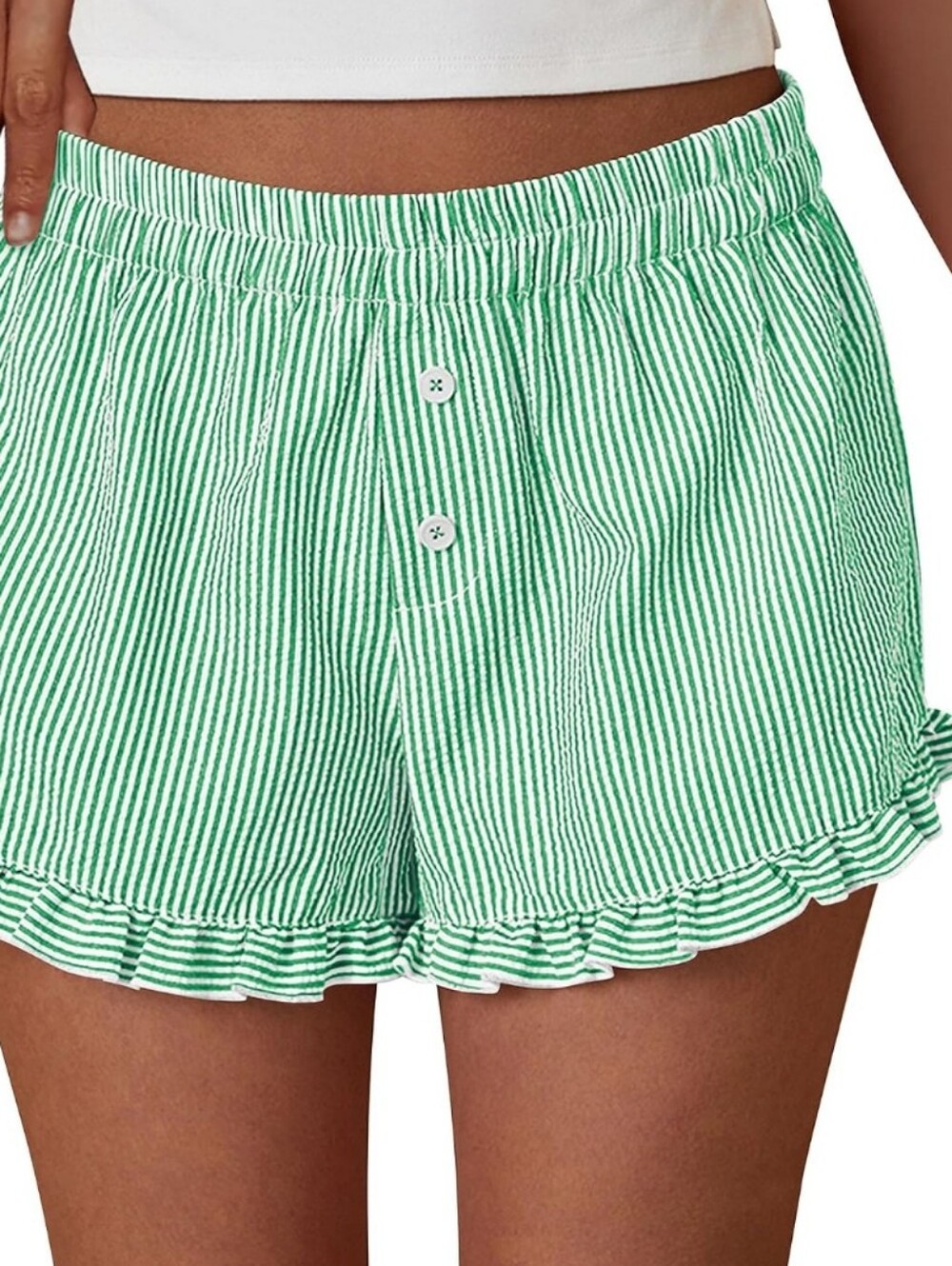 Pretty Garden Ruffled Green & White Striped Fashion Boxer Shorts, M - Picture 4 of 9